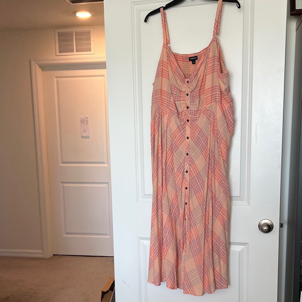 Torrid Coral Plaid Sleeveless Midi Dress